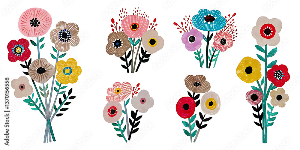 Obraz premium Whimsical bouquets of hand-painted flowers in vibrant, joyful colors against a clean white background.