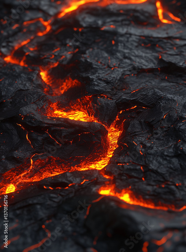 Hyper-realistic wide shot of an active volcano’s surface, where molten lava flows into dark, black water, generating an intense visual contrast. Created with Unreal Engine and rendered in Octane