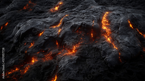 Hyper-realistic wide shot of an active volcano’s surface, where molten lava flows into dark, black water, generating an intense visual contrast. Created with Unreal Engine and rendered in Octane