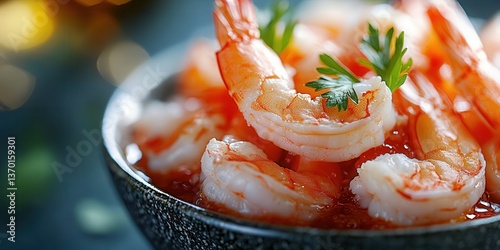 Close-up of fresh shrimp cocktail with vibrant colors in a black bowl garnished with parsley.