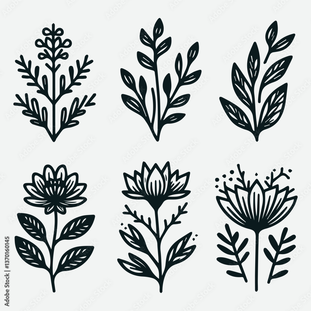 Hand-Drawn Botanical Flower Line Art Illustrations Nature Design Set, Botanical Line Art Flower Illustrations Set Hand-Drawn Botanical Flower Line Art Illustrations Nature Design Set, Botanical Line Art Flower Illustrations Set