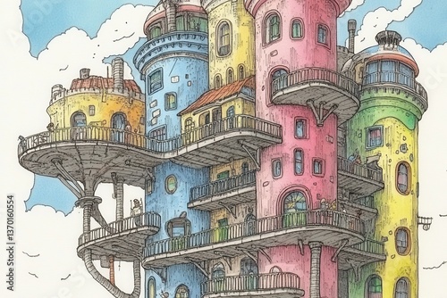 Whimsical Sky City Colorful Towers  Balconies.