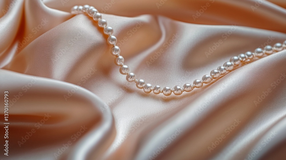 Fototapeta premium A necklace of pearls is on a piece of fabric. The pearls are scattered across the fabric, creating a sense of elegance and luxury. The fabric itself is a deep shade of pink