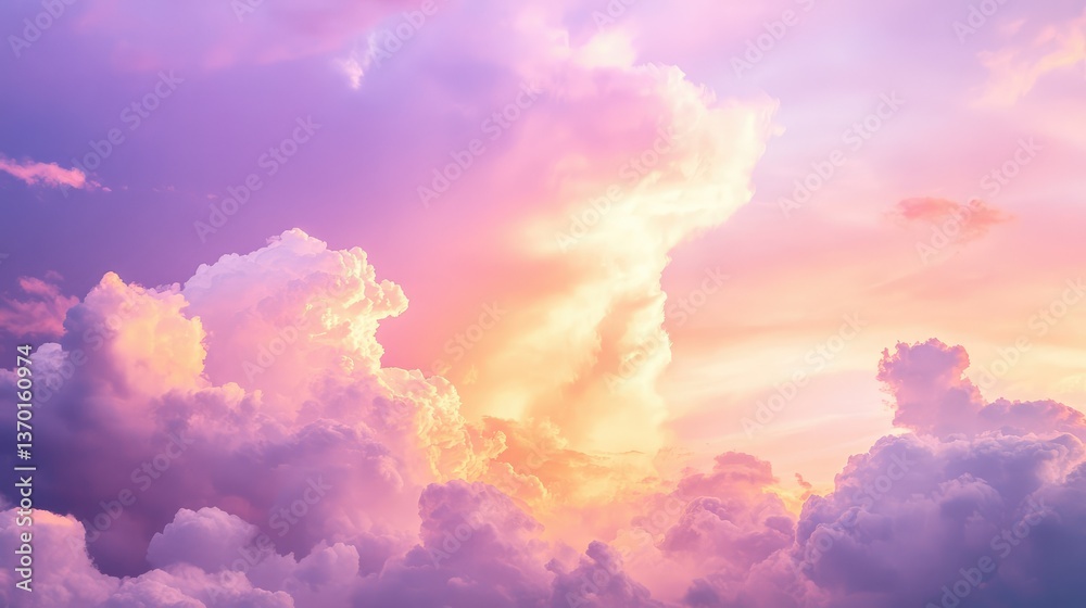 Fototapeta premium Majestic Sunset Sky with Vibrant Clouds Casting Shades of Pink, Purple, and Gold, Perfect for Nature and Landscape Photography, Evoking Calm and Serenity
