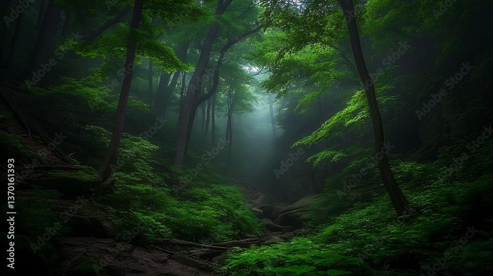 Obraz premium A verdant forest path winding through the deep green woodland environment