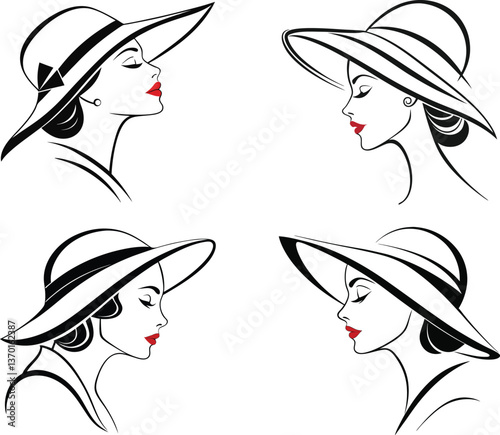 Four profile views of women wearing stylish wide-brimmed hats.