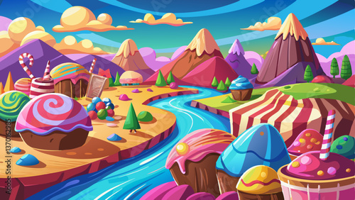 A vibrant candy land where delicious chocolate mountains overlook a flowing river of pure milk