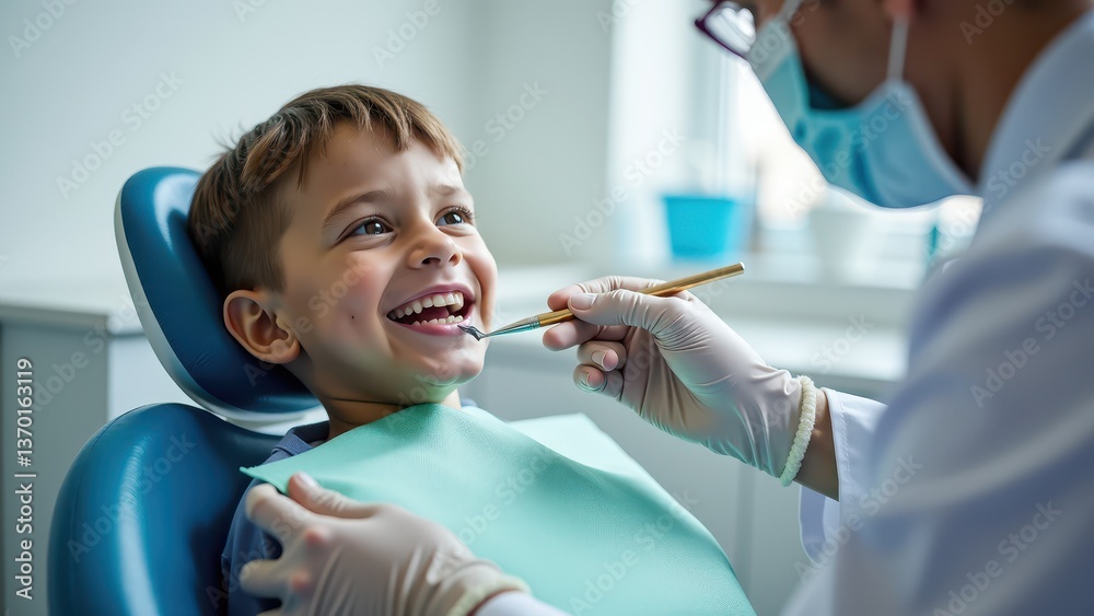 Happy child at the dentist smiling during a dental checkup. Pediatric dentist in clinic using dental tools. Happy child at the dentist smiling during a dental checkup. Pediatric dentist in clinic using dental tools.