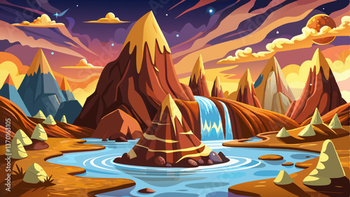 A fantasy scene where molten chocolate mountains rise beside a sparkling river of fresh milk