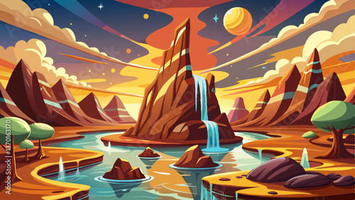 A fantasy scene where molten chocolate mountains rise beside a sparkling river of fresh milk