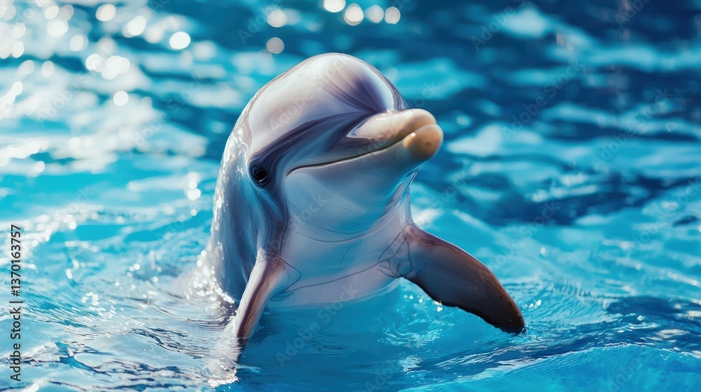Obraz premium Playful Dolphin Swimming in Crystal Clear Blue Water Pool