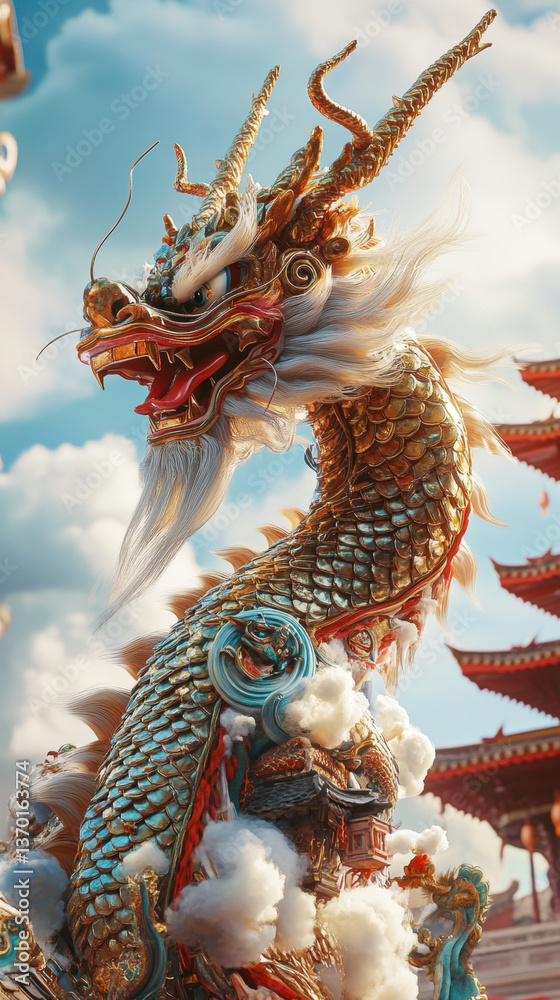 Fototapeta premium A majestic Chinese dragon statue with intricate details and a traditional temple in the background