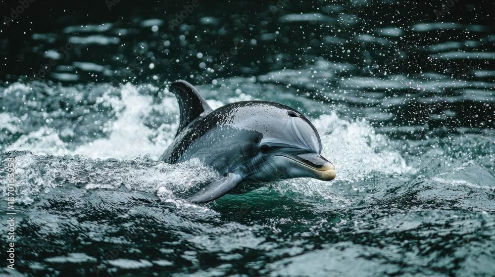 Obraz premium Playful Dolphin Swimming Through Waves in Calm Ocean Waters