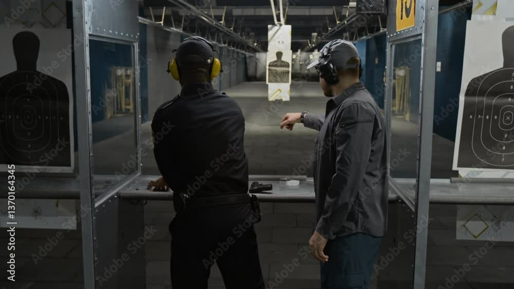 Rear medium full of black policeman practicing shooting skills under guidance of Caucasian male coach at indoor range, retrieving torso target after firing handgun and discussing bullet marks Rear medium full of black policeman practicing shooting skills under guidance of Caucasian male coach at indoor range, retrieving torso target after firing handgun and discussing bullet marks