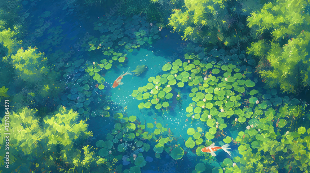 An overhead view of a pond with lily pads and koi fish An overhead view of a pond with lily pads and koi fish