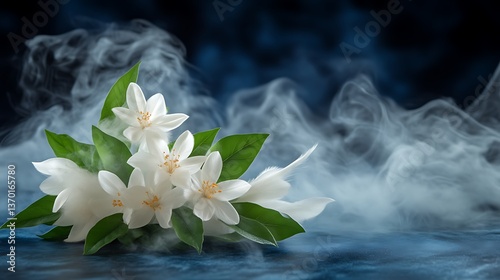 White Flowers with Green Leaves in Smoky Haze