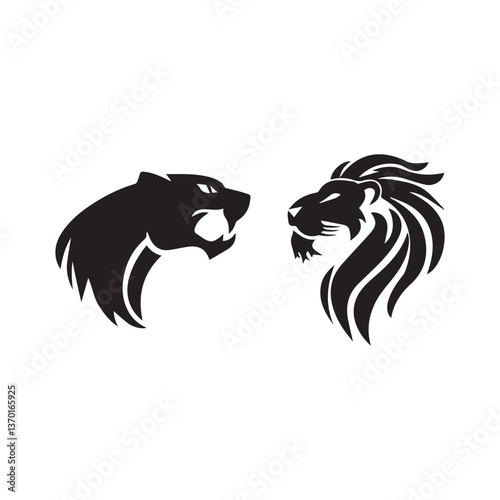 Lion & Tiger Face To Face  Vector Animal Illustration Silhouette