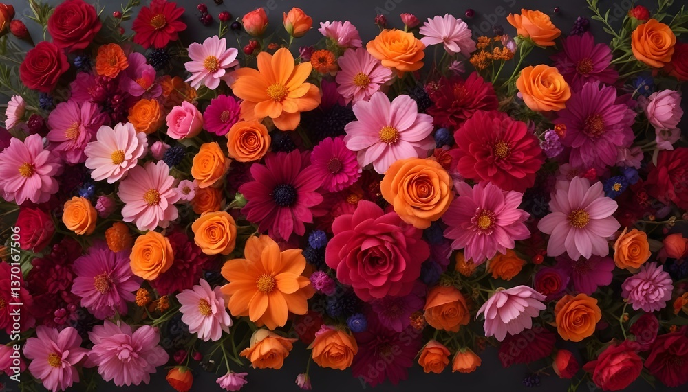 A vibrant, high-angle shot showcases a dense arrangement of flowers and berries, creating a textured, colorful surface A vibrant, high-angle shot showcases a dense arrangement of flowers and berries, creating a textured, colorful surface