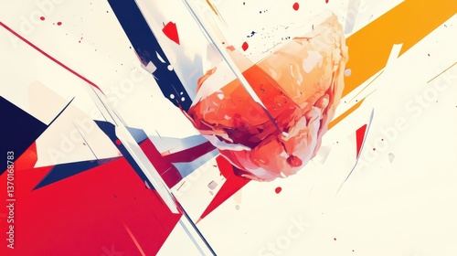 Abstract representation of colorful motion and dynamic energy with vibrant shapes, featuring a central fragmented object surrounded by vivid hues and angular designs