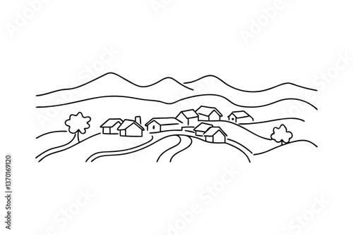 Simple Line Drawing of Rural Village in Mountainous Landscape