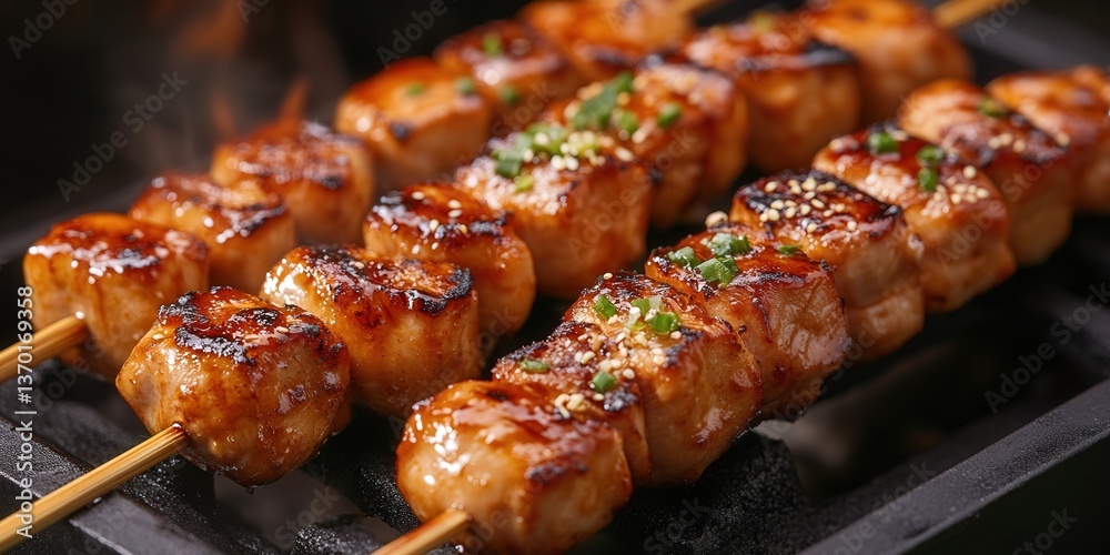 Delicious grilled chicken skewers with a savory glaze on a barbecue grill. Delicious grilled chicken skewers with a savory glaze on a barbecue grill.