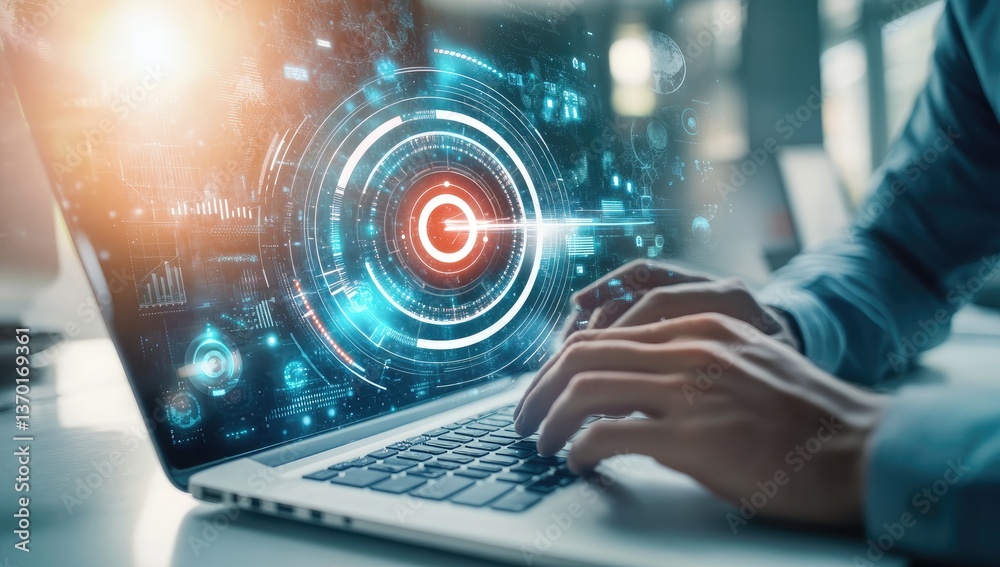 Person using laptop with interactive digital interface. Hands typing on keyboard. Data visualization on screen Person using laptop with interactive digital interface. Hands typing on keyboard. Data visualization on screen