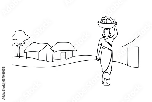 Woman carrying fruit basket, rural village scene, simple line art
