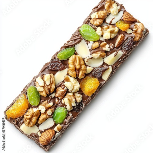 Chunky chocolate energy bar filled with nuts, seeds, dried fruits, and chocolate drizzle
