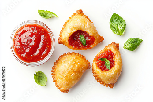 a plate of food with a bowl of sauce and some small pastries