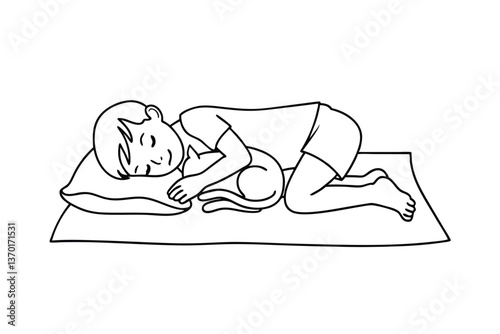 Boy Sleeping Soundly with Cat on Mat, Peaceful Rest