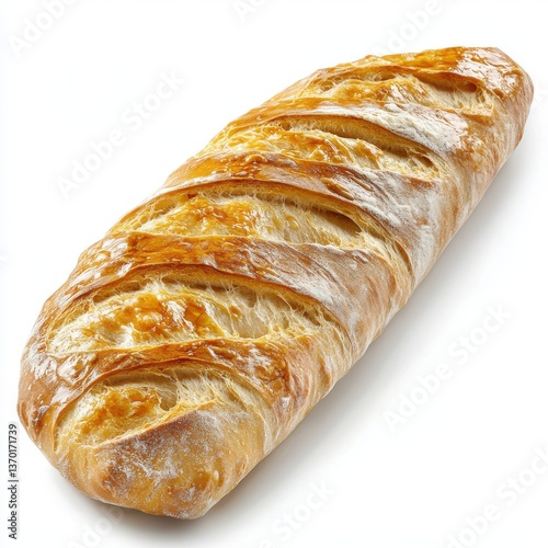 Crusty golden baguette with slashes on top served fresh and whole on white background photo