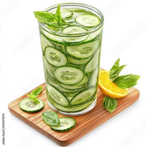 Refreshing cucumber detox water with mint and lemon slices in tall glass photo