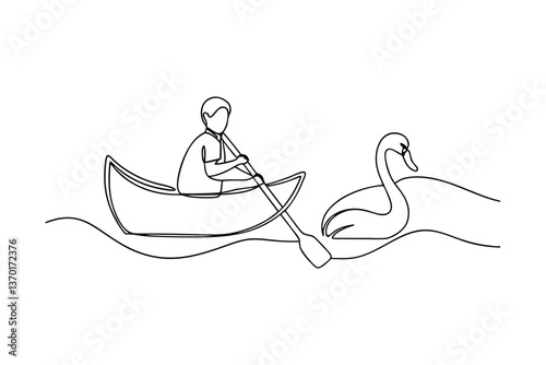 Oneline drawing Man rowing boat, serene swan, peaceful lake