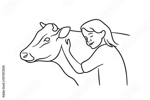 Girl Gently Cares for Cow Line Art, Farm Animal, Affectionate Bond