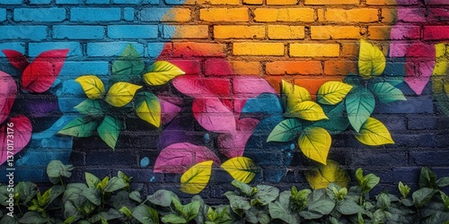 Vibrant mural of colorful leaves on a brick wall with lush greenery below.