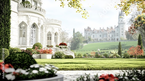 Elegant White Mansion's Garden with Distant Castle View Serene Landscape Design