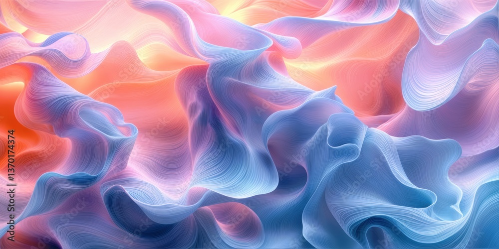 Obraz premium Soft pastel iridescent waves, fluid dynamic movement, glowing liquid reflections in pink, peach, and lavender, smooth glossy textures, seamless background, high-resolution artistic pattern.