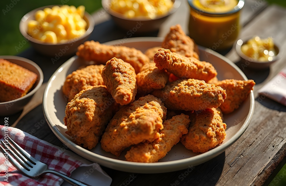 A rustic outdoor picnic table with a large serving dish of crispy fried chicken surrounded by fresh cornbread and mac and cheese A rustic outdoor picnic table with a large serving dish of crispy fried chicken surrounded by fresh cornbread and mac and cheese