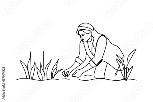 Woman Planting Seeds, Gardening, Agriculture, Nature, Spring, Growth, Line Art, Minimalist, Simple, 
