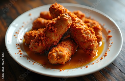 A round white plate with Nashville hot chicken tenders dusted with chili powder and drizzled with honey