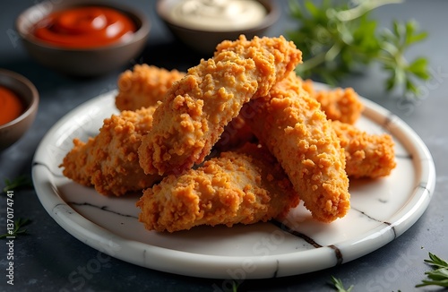 Extra crispy chicken tenders stacked on a round marble plate dipping sauces on the side