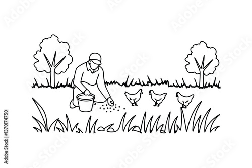 Farmer Feeding Chickens in a Countryside Garden Scene