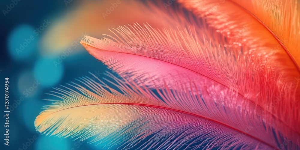 Obraz premium Vibrant close-up of colorful feathers against a blurred blue background.