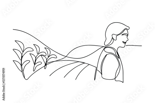 Singleline Drawing Farmer, Field, Plants, Harvest, Rural, Agriculture, Nature, Countryside, Landscap