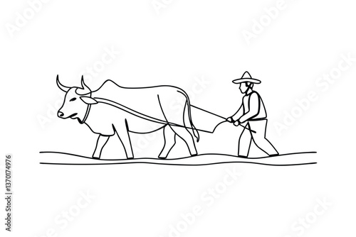 Farmer Plowing Field with Ox, Traditional Agriculture Scene