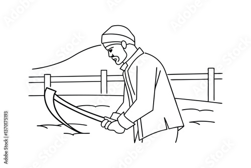 Winter Farm Laborer Harvesting Crops with a Scythe Tool