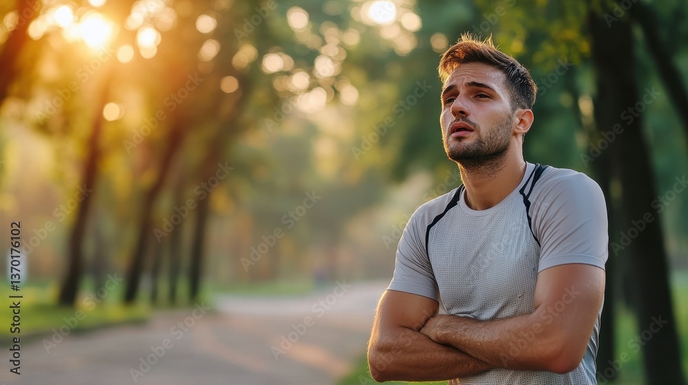 Obraz premium Focused Runner's Pause: A determined young man, takes a moment to pause during his workout, gazing with focused intensity into the distance. The scene captures his commitment to physical fitness.