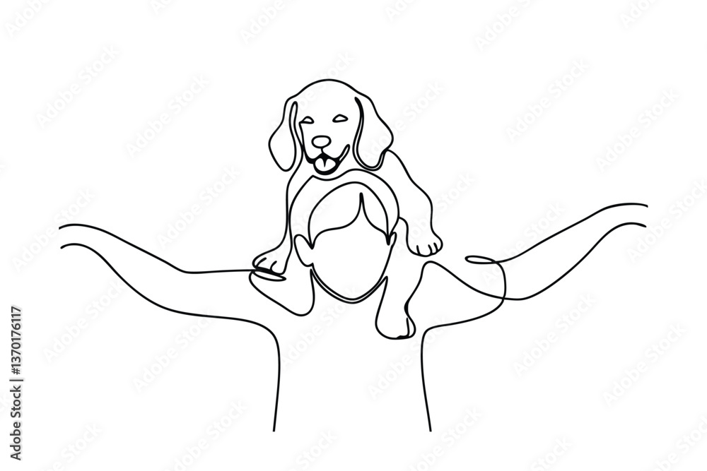 Obraz premium SingleLine Drawing Happy Puppy Rides on Persons Shoulders