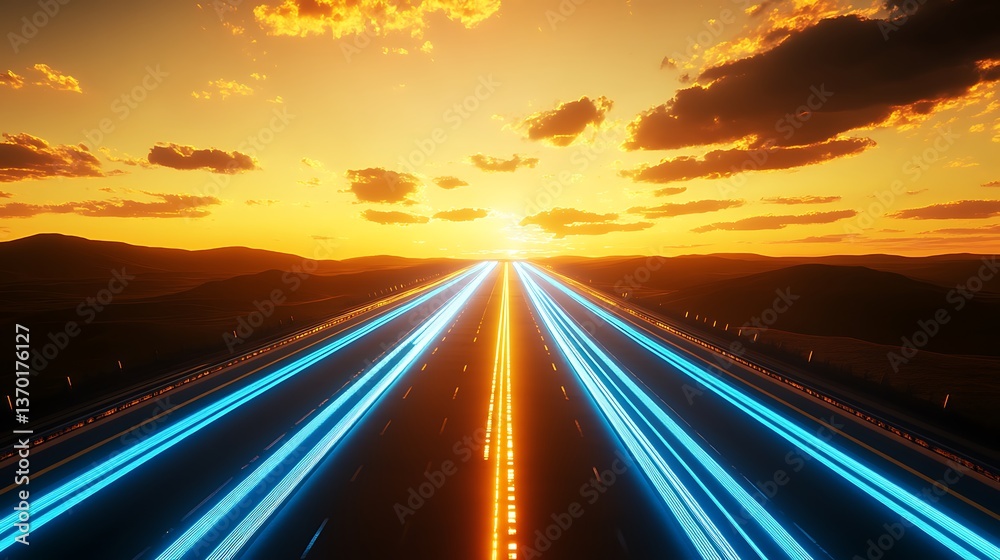 Futuristic highway at sunset with light trails and golden sky. Road to the future concept Futuristic highway at sunset with light trails and golden sky. Road to the future concept