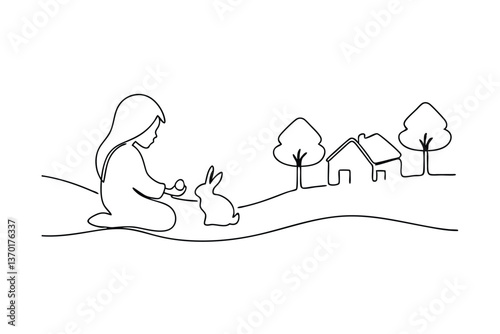 Girl petting rabbit, idyllic countryside scene, simple line art